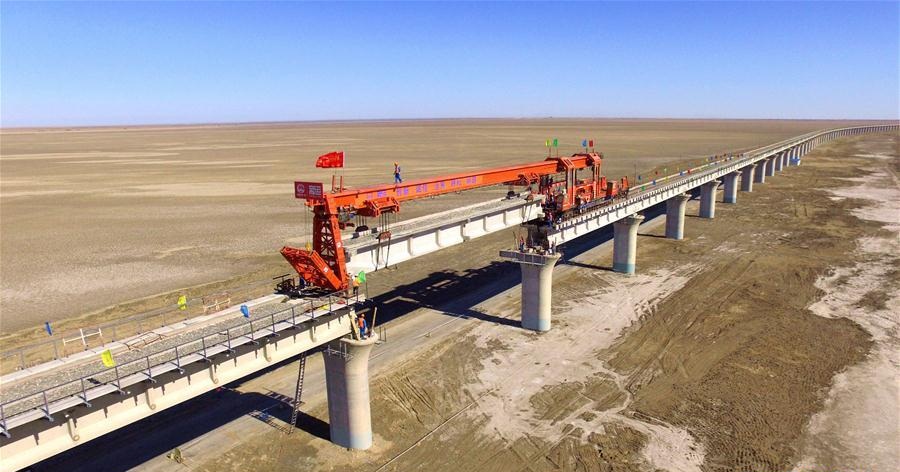 Taitema Lake Bridge of Golmud-Korla railway in Ruoqiang County, NW China's Xinjiang